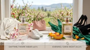 Fragrance styling guide showing when to wear a subtle peach blossom perfume for daytime versus a rich juicy peach perfume for a night out in Canada.