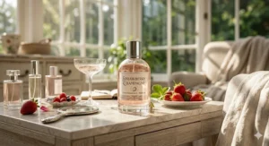 Strawberry champagne perfume type resting on a modern vanity. / Parfum fraise et champagne posé sur une coiffeuse moderne.