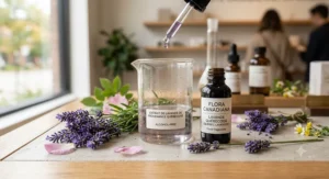 A botanical illustration highlighting purple lavender fields in Quebec used to formulate soothing, alcohol-free floral fragrances.