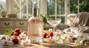 Strawberry champagne perfume type advertised for Canadian spring. / Publicité pour parfum fraise et champagne au printemps canadien.
