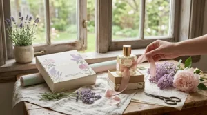 Flat lay illustration of a floral perfume gift set wrapped in pastel paper, surrounded by seasonal Canadian spring blossoms like lilacs and peonies.