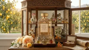 A luminous fragrance bottle reflecting fresh spring peonies and cherry blossoms, ideal for Canadians updating their seasonal scent collection.