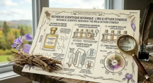Colored pencil illustration in a botanical style showing a Canadian farmer harvesting rich, fibrous vetiver roots in the Prairies, showcasing sustainable sourcing for the signature iris and vetiver combination scent.