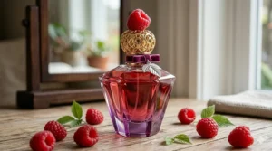 Illustration of a warm, gourmand perfume featuring notes of raspberry and vanilla.