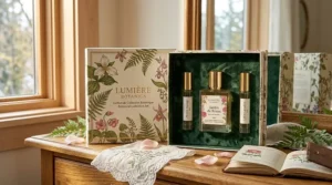 Romantic vector art depicting a classic floral perfume gift set paired with a bouquet of red roses, perfect for Canadian Valentine’s Day gift ideas.