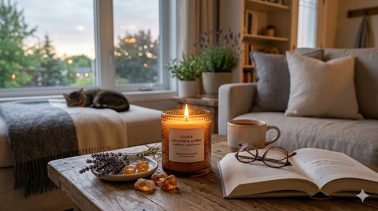 Elegant evening setting with lavender and amber scented candle. lavender and amber scent evening