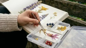 A close-up, high-detail photorealistic shot of a hand using tweezers to carefully place or adjust a dried botanical specimen inside a clear, multi-compartment plastic container resting over an open grid-lined notebook filled with pressed flowers.