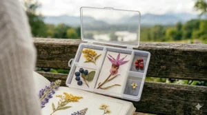 A high-detail, photorealistic 4K image focusing on a clear plastic specimen box containing a complete, complex Canadian Boreal Forest Orchid (Calypso bulbosa) flower head and stem, along with other pressed samples like red wild cranberries and a tiny specimen of toadflax.
