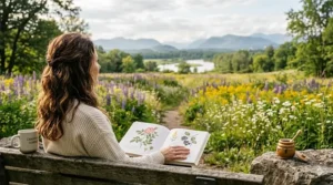 A highly detailed photorealistic illustration depicting the woman from the reference image, maintaining her beige knit sweater, curly hair, and the 'CANADIAN SUMMER' mug. The open book on her lap now features a specific botanical illustration of Canadian flora, including a wild rose and a sprig of Saskatoon berries, with a focus on high-fidelity textures.