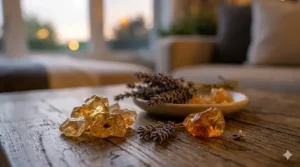 Close-up of dried lavender and warm golden amber stones.