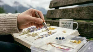 A close-up photorealistic shot from a slightly lower angle on the wooden bench, showing the hand adjusting a dried flower in the open notebook with tweezers, while the white enamel mug reading "CANADIAN SUMMER" sits clearly in the background.