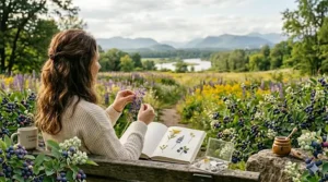A 4K photorealistic photograph focused on the woman sitting on the bench, viewed from the side-rear. She is carefully using metal botany tweezers to extract a tiny part from a purple lupine flower head, with her book open to a page containing flattened, dried plant specimens taped down next to a compartmentalized specimen box.