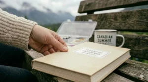 A photorealistic, 4K quality image featuring the weathered wooden bench, the "CANADIAN SUMMER" mug, and a closed herbarium book prominently on the bench, with a hand gently placing it down. The front cover features a white label with the text "HERBARIUM CANADENSIS - SUMMER 2026."