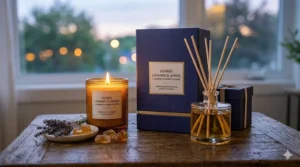 Sophisticated bottle design for lavender and amber perfume.