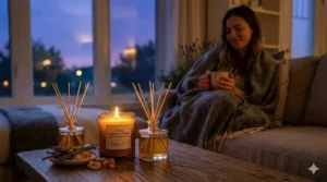 Cozy living room lit by a lavender and amber scented candle.