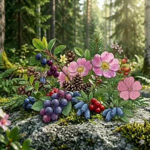 Elegant vector flat lay mock-up showing the perfume bottle labeled with both English and French text, flanked by fresh wild berry and floral elements.