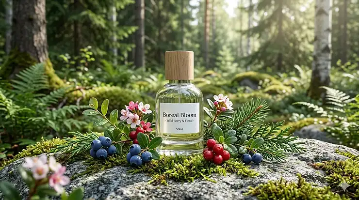 A fresh wild berry floral perfume bottle on moss in a bright Canadian forest, surrounded by dew-covered local berries and white flowers. wild berry floral perfume fresh