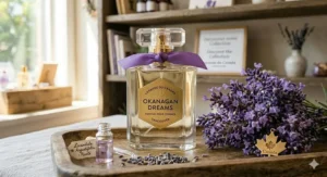 Stylish woman applying lavender perfume in a morning lifestyle setting. / Femme élégante appliquant un parfum à la lavande dans un décor lifestyle.