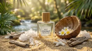 Retro vector illustration of a beachy coconut perfume bottle on golden sand next to ocean waves under a bright summer sun.