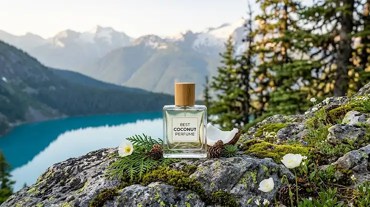 Flat lay of the best coconut perfume bottles in Canada, styled on rustic driftwood with halved fresh coconuts and elegant white tropical flowers.