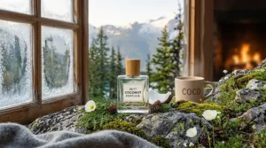 Cozy winter illustration of a warm coconut perfume bottle on a snowy Canadian windowsill overlooking a pine forest.