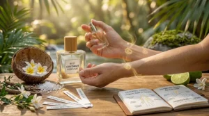 Style illustration of a silhouette indicating pulse points to apply coconut perfume for a long-lasting scent trail.