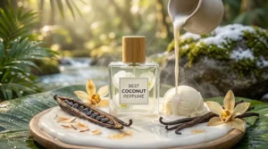 Warm graphic illustration of a creamy coconut and sweet vanilla perfume bottle with vanilla beans and orchid flowers.