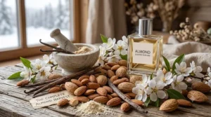 Botanical illustration breaking down the almond scent profile, showing top notes of sweet marzipan, vanilla, and cherry blossom.