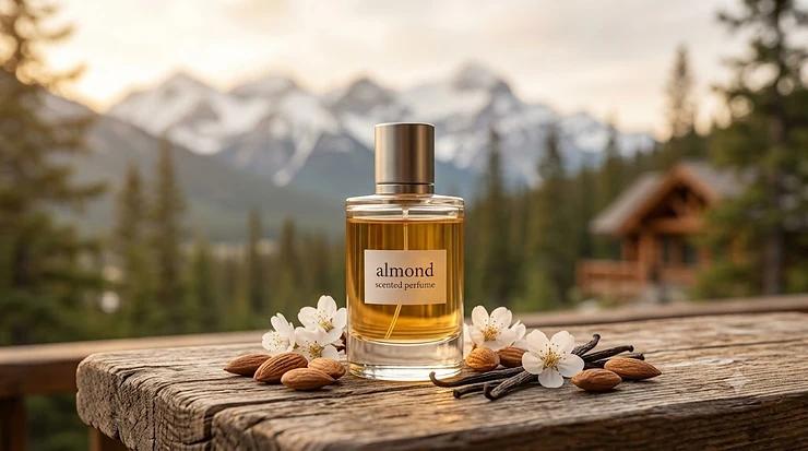Luxury glass bottle of almond scented perfume displayed on a rustic wood surface with whole raw almonds and white cherry blossoms for the Canadian market.