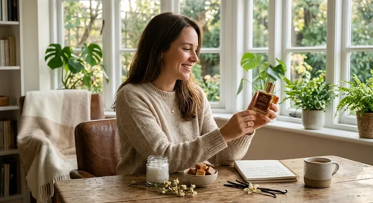 An elegant bottle of the best caramel perfume placed on a reflective warm surface next to rich caramel cubes and a fresh mango, illustrating a cozy winter gourmand fragrance choice for Canadians.