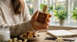 Minimalist lifestyle illustration of a luxury fragrance bottle on a wooden vanity overlooking a snowy Canadian winter forest, highlighting the best caramel perfume for cold weather.