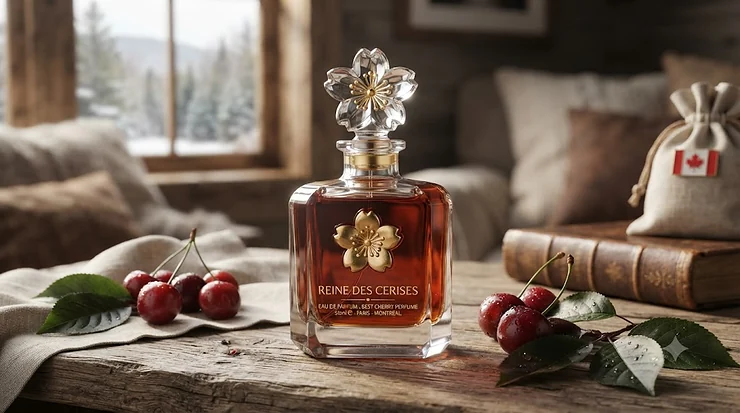 Luxurious bottle of best cherry perfume on a winter backdrop.