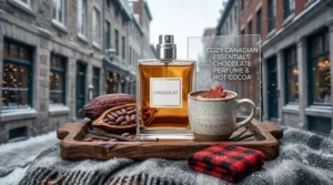 A flat-lay illustration of the best chocolate perfume paired with a hot cocoa mug and flannel textures, celebrating cozy Canadian fall vibes.