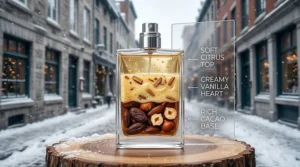 An infographic detailing the scent notes of the best chocolate perfume, featuring dark cacao, creamy vanilla, and woody undertones.
