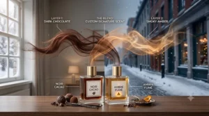 An illustration explaining how to layer the best chocolate perfume with vanilla or amber scents to create a custom fragrance profile.