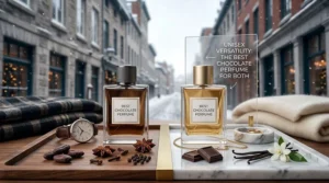 A unisex display illustrating why sweet and spicy cacao notes make the best chocolate perfume option for both men and women in Canada.
