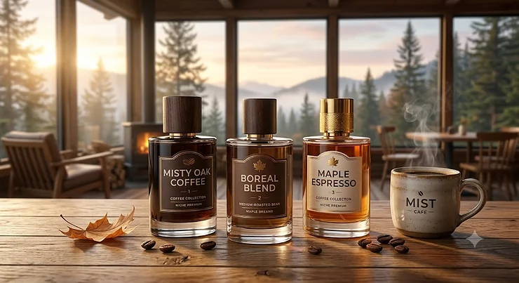 A luxury glass bottle of the best coffee perfume for women and men, placed next to a warm cup of espresso on a rustic wooden table during a cozy Canadian autumn morning.