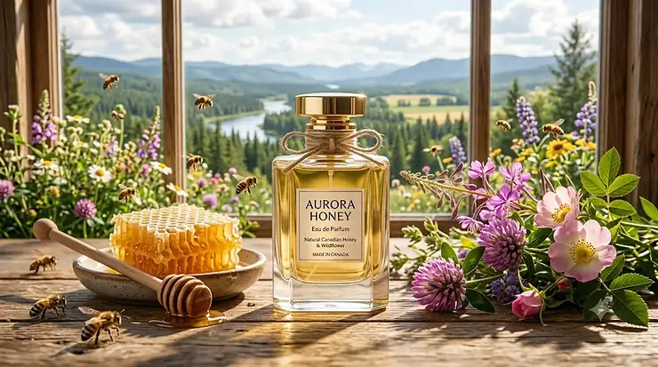 A photorealistic image for a Canadian audience showing a bottle of Aurora Honey perfume surrounded by raw honeycomb and a honey dipper, clover, fireweed, and lupine blossoms by a sunlit rustic window with a vast forest background.
