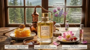 Text-based infographic featuring bilingual English and French text showcasing best honey perfume as a top Canadian luxury gift idea for winter or special occasions.