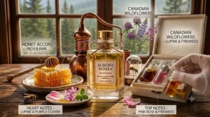 Illustration showcasing Canadian wildflower concepts, including wild fireweed and pink clover, surrounding a perfume bottle, highlighting natural ingredients in the best honey perfume.