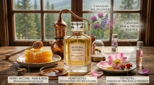 Eco-friendly concept illustration showing bees pollinating wildflowers near a perfume bottle, highlighting sustainable and ethical sourcing for best honey perfume in Canada.