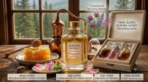 Infographic featuring text only illustrating popular fragrance layering combinations for the best honey perfume, such as mixing it with notes of vanilla, amber, or light florals.