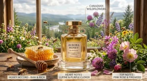 Illustration with bilingual English and French text mapping the seasonal wear of best honey perfume for Canadian climates, with rich winter vs. light summer scents.