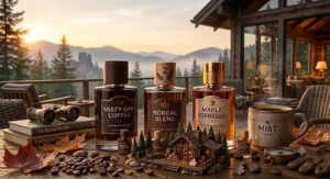 An eco-conscious vector illustration highlighting sustainable ingredients and cruelty-free practices in the best coffee perfume brands available in Canada.