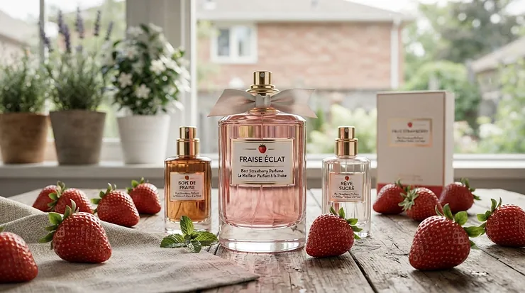 Flat lay of the best strawberry perfume bottles surrounded by fresh berries and cedar accents, popular across Canada.