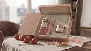 Gift box illustration featuring a luxury bottle of the best strawberry perfume, popular for Canadian holiday gifting.