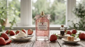 Illustration showing the sweet notes of the best strawberry perfume, featuring vanilla, whipped cream, and ripe berries.