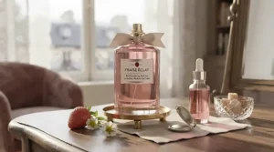 Step-by-step vector illustration on how to layer body mist and the best strawberry perfume for all-day wear.