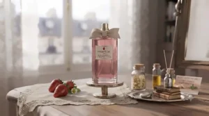 Aesthetic lifestyle drawing contrasting cozy childhood nostalgia and modern chic vibes of the best strawberry perfume.