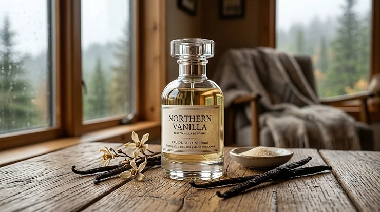 A luxury glass bottle of the best vanilla perfume for women, surrounded by blooming vanilla orchids and cured dark vanilla pods, shot on a clean, modern vanity background.